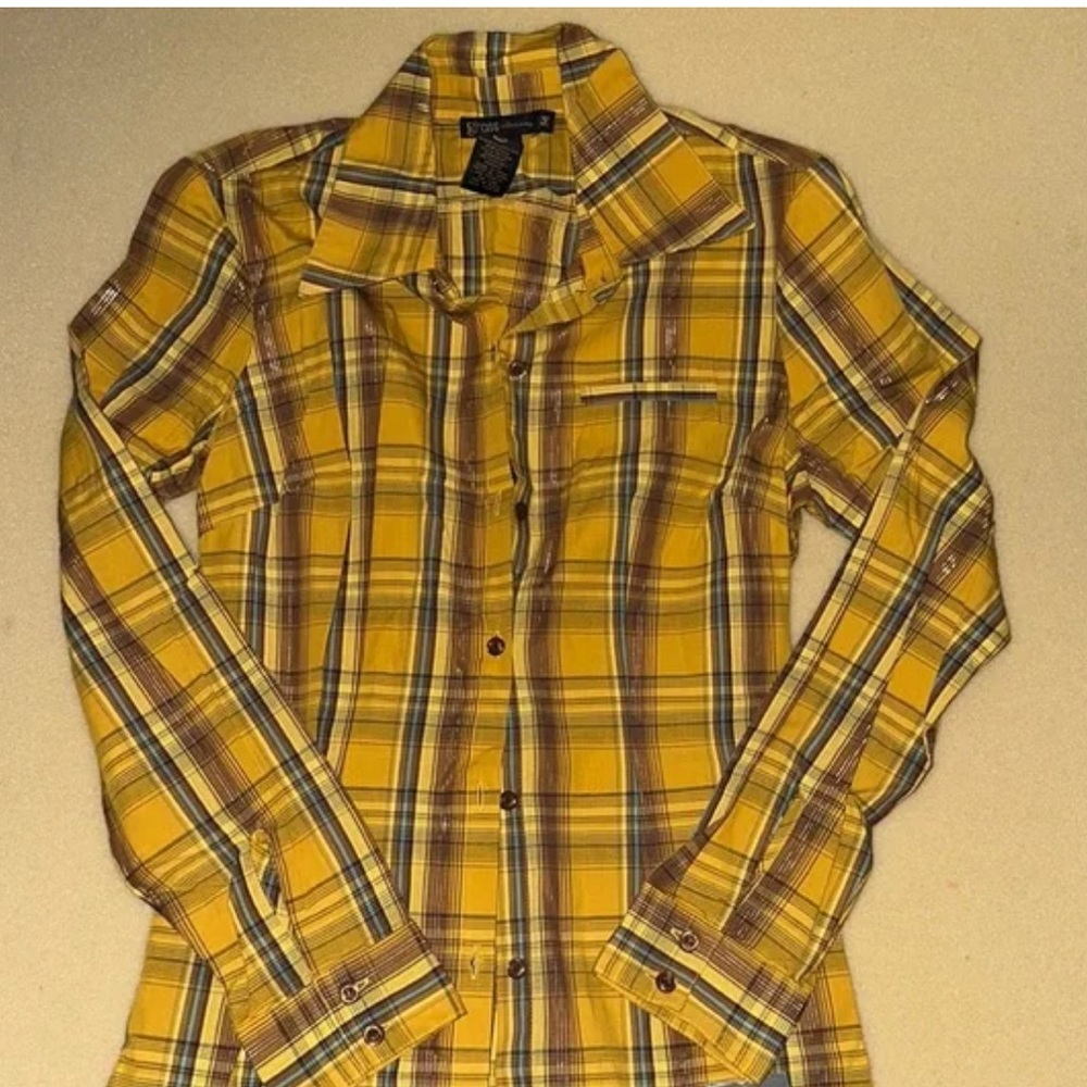 Grass Collection Yellow Plaid Button Down Fitted Long - Long Sleeve Top